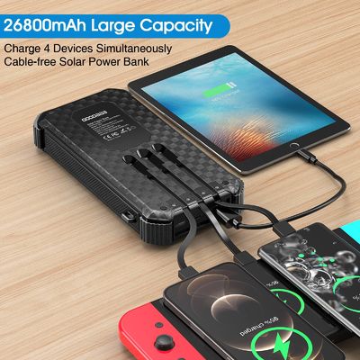 IPX5 Pengisi Daya Bank Daya Tenaga Surya portabel Tahan Air 26800mAh Dengan 3 Kabel Built-In
