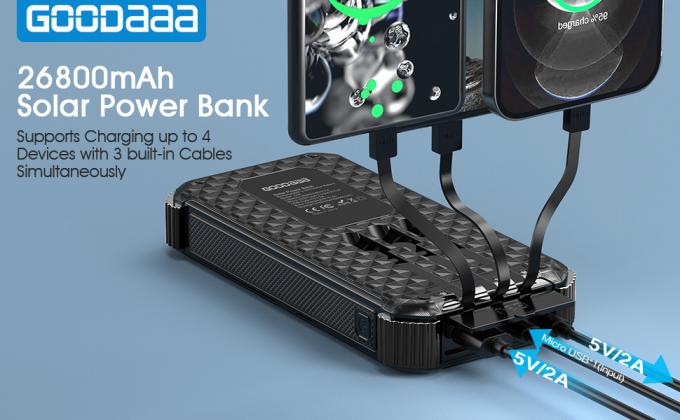 IPX5 Pengisi Daya Bank Daya Tenaga Surya portabel Tahan Air 26800mAh Dengan 3 Kabel Built-In 0